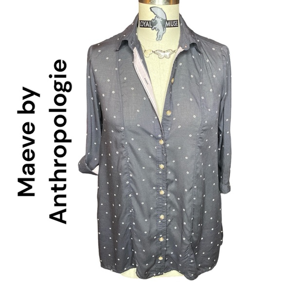 Maeve by Anthropologie Tunic Button Down Blouse Sz XS Black & White Circles - Picture 4 of 15